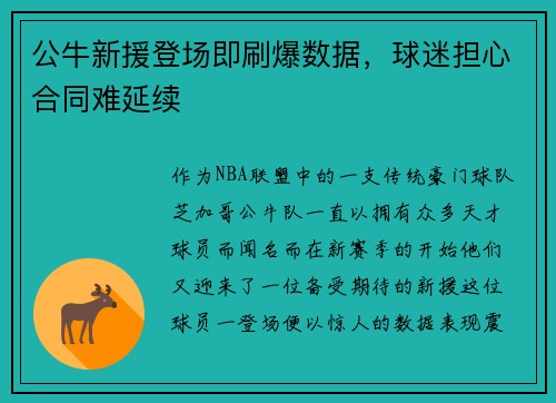 公牛新援登场即刷爆数据，球迷担心合同难延续